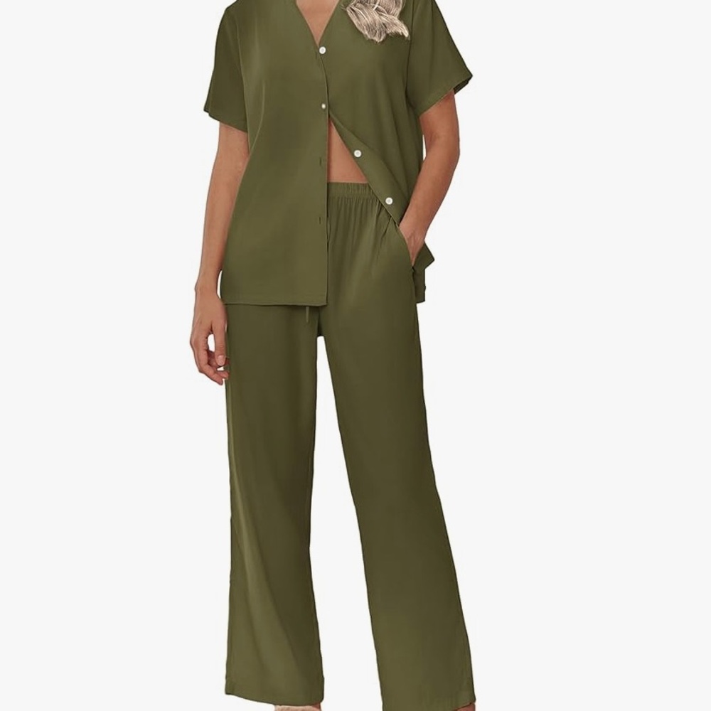 Green light weight button down Pajama Pant set